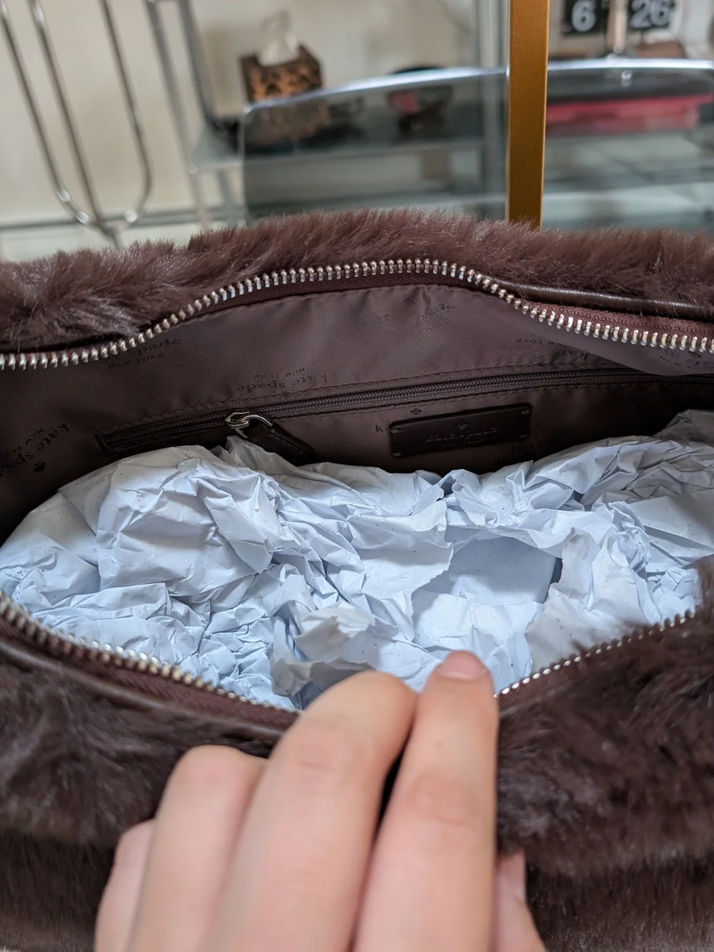 Kate Spade Faux Fur Large Crescent Shoulder Bag - Brown